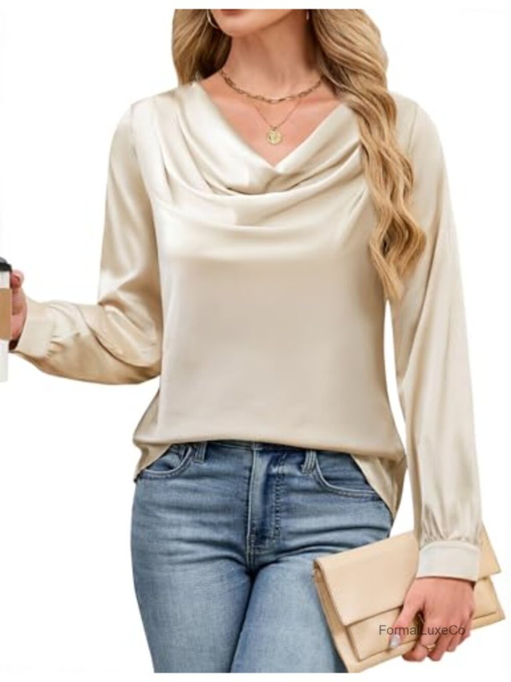 Satin Blouse Cowl Neck Long Sleeve Dressy Top Business Casual